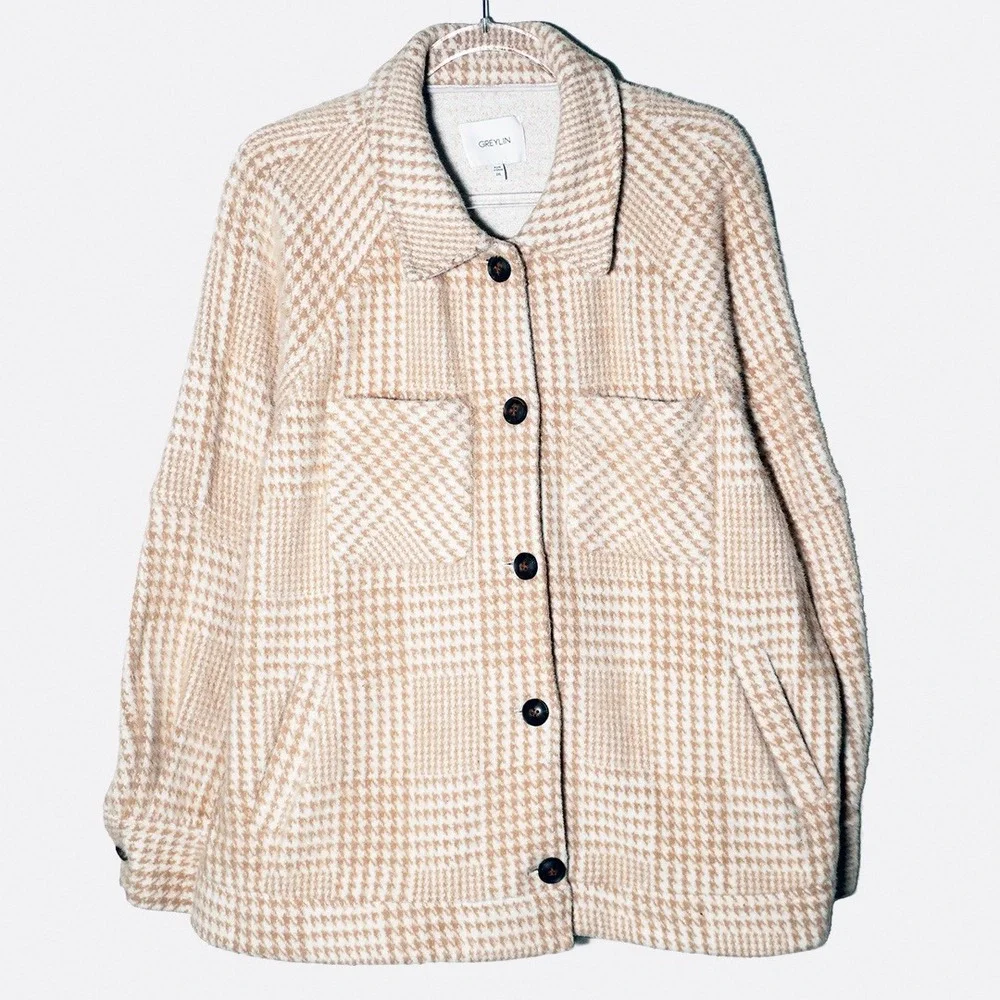 Greylin Cozy Houndstooth Shacket Jacket Tan Cream Plaid Oversized Plus 2X‎ XXL - Picture 2 of 9